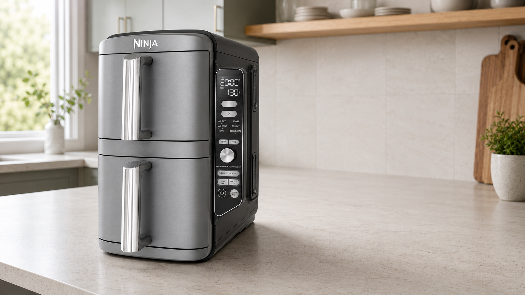 Ninja DoubleStack XL air fryer with its two stacked baskets closed, standing on a light kitchen counter beside a window.