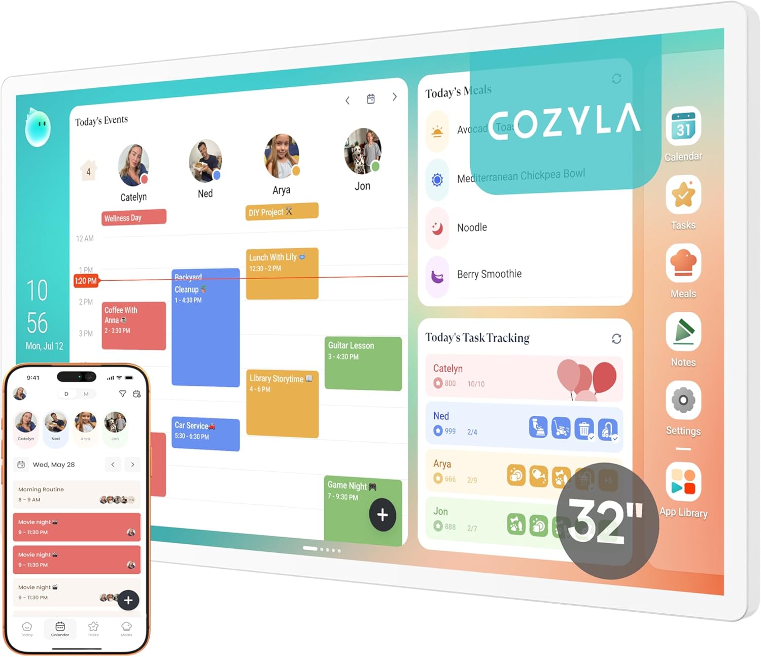 Cozyla digital wall calendar with matte anti-glare display mounted in a family kitchen