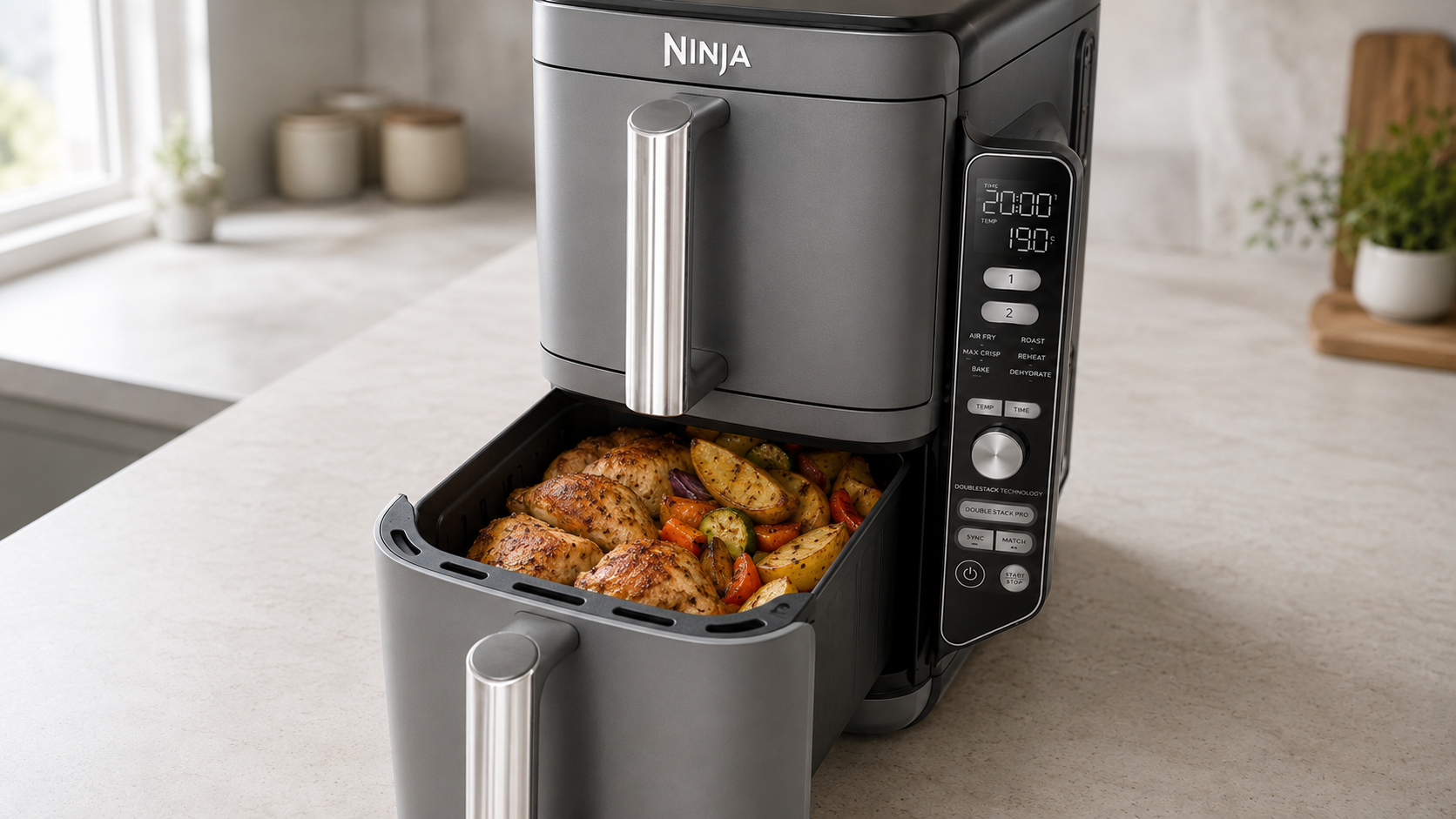 Lower basket of the Ninja DoubleStack XL pulled open, holding chicken pieces, potatoes and mixed vegetables.